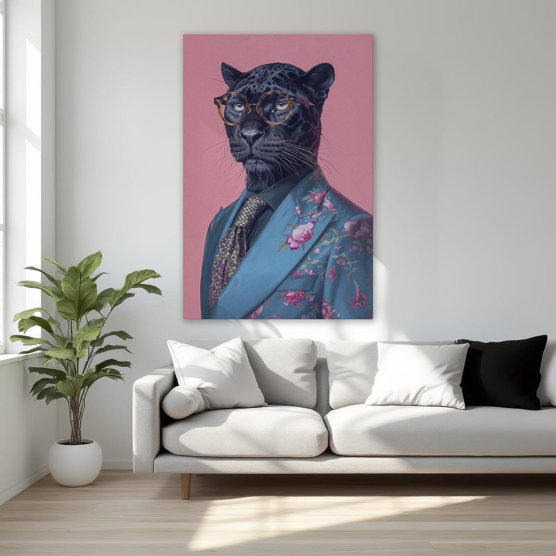 Black Panther in Floral Suit and Glasses Funny Portrait Print