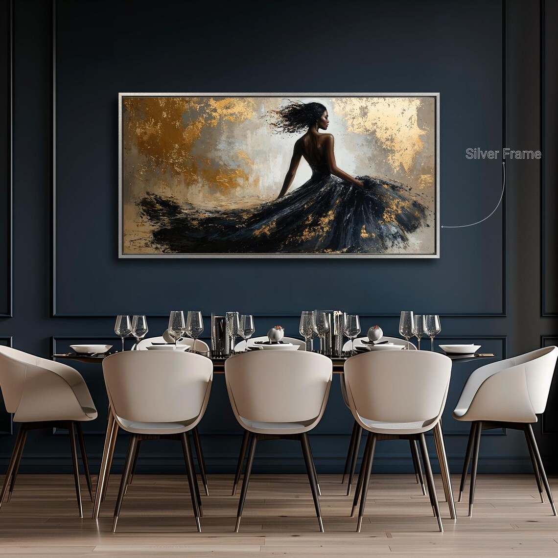 Elegant Woman In Black Dress Flowing Gold Abstract Fashion Art Poster - Image 4