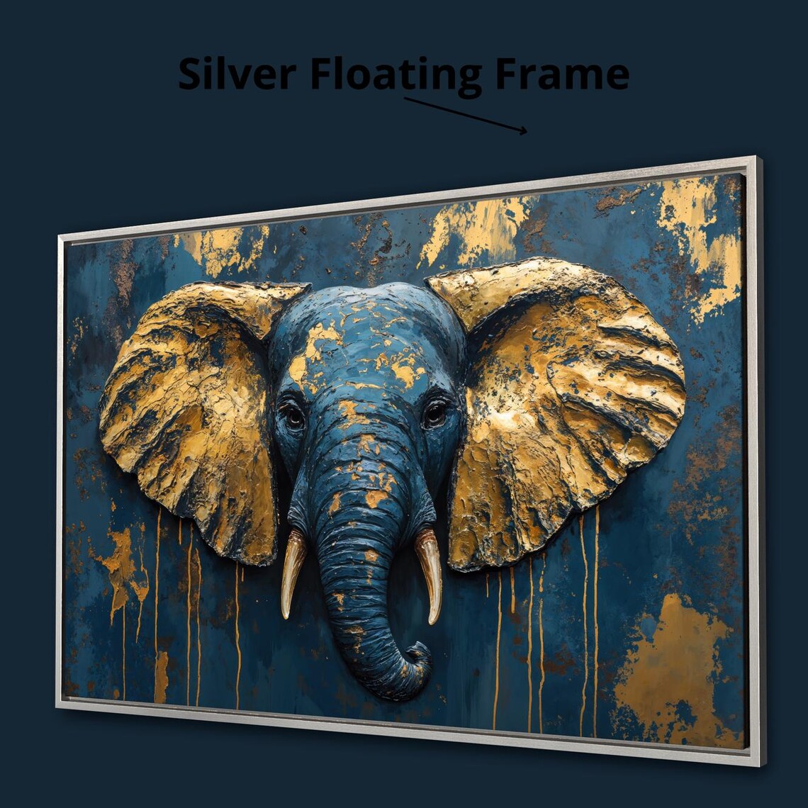 Navy Blue Elephant Head Textured Gold Leaf Ears Abstract Wildlife Portrait Poster - Image 4