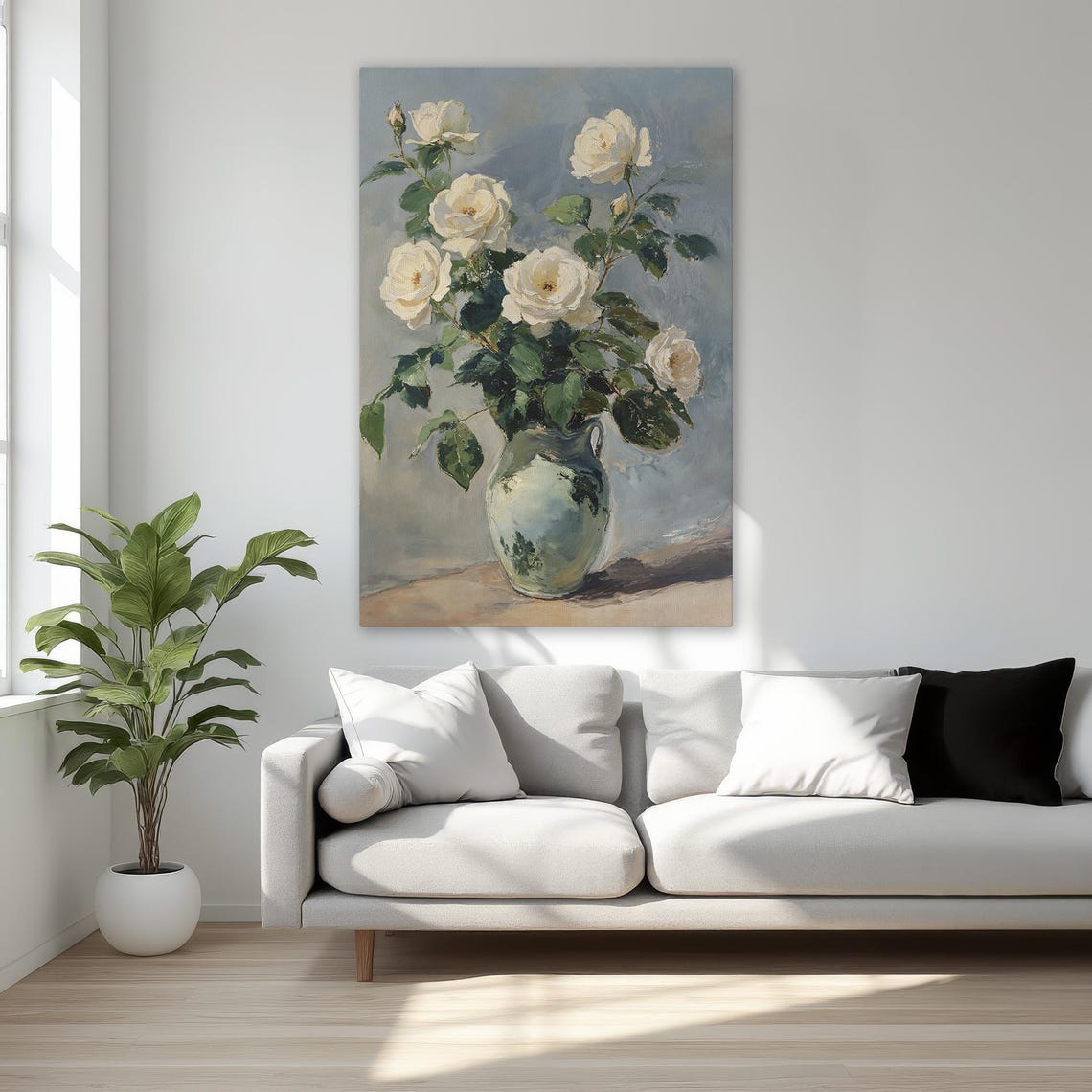 White Roses in Vase Blue Grey Floral Still Life Botanical Art Poster