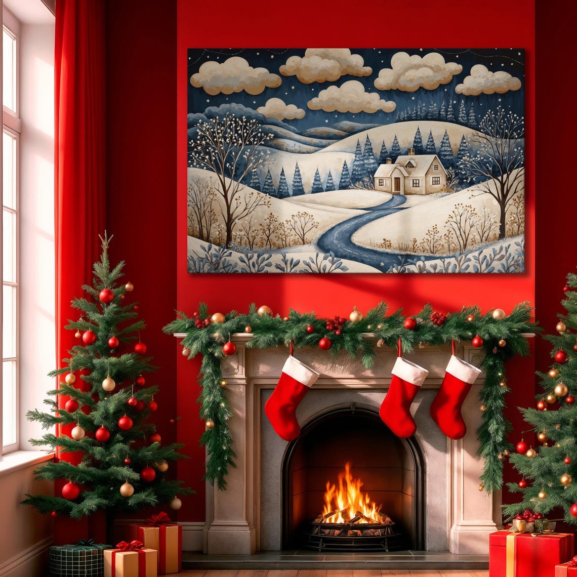 Whimsical Winter Night Snowy Cottage Starry Hills Holiday Art Poster - Image 3
