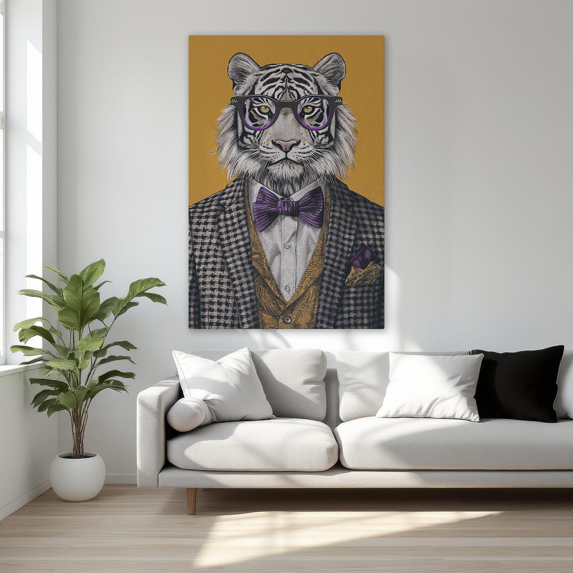 Dapper White Tiger In Suit Bow Tie Glasses Quirky Animal Wall Art