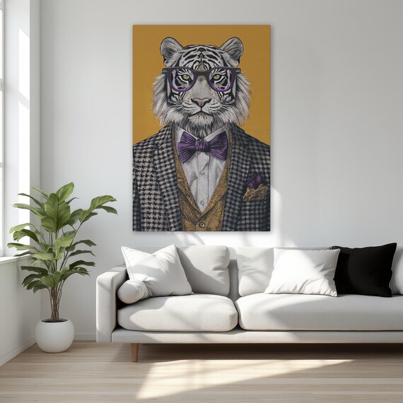 Dapper White Tiger In Suit Bow Tie Glasses Quirky Animal Wall Art