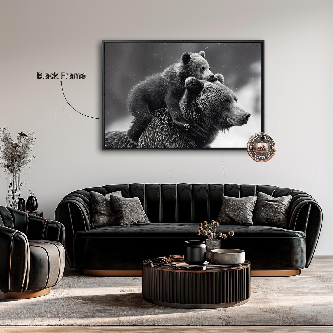 Bear and Cub Family, Black and White Wildlife Art Print - Image 2