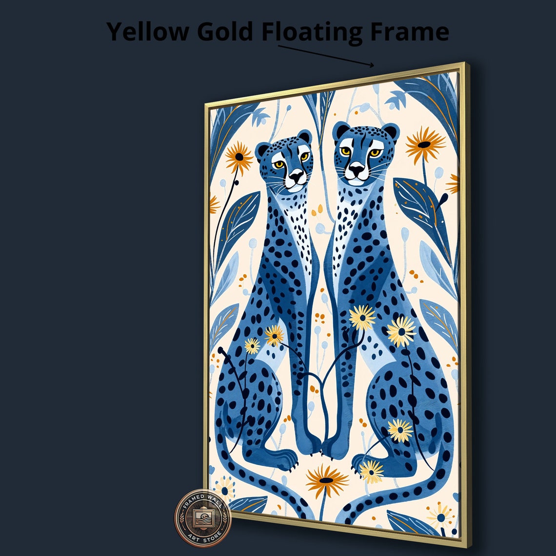 Two Blue Cheetahs Sitting Botanical Illustration Animal Art Poster - Image 3