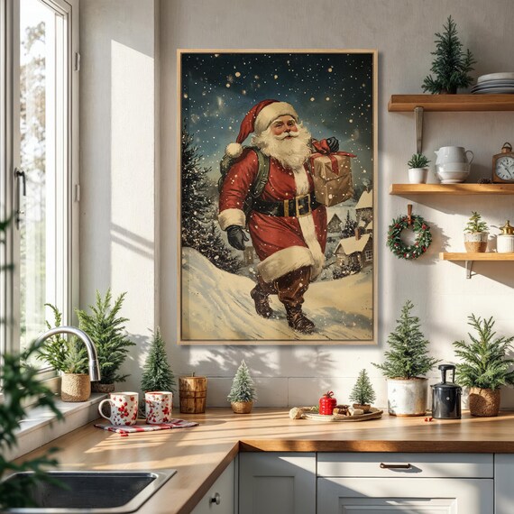 Vintage Santa Walking Through Snowy Village Christmas Poster