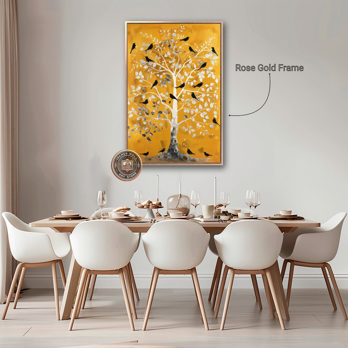 Black Birds Golden Tree Silver Leaves Minimalist Nature Art Poster - Image 2