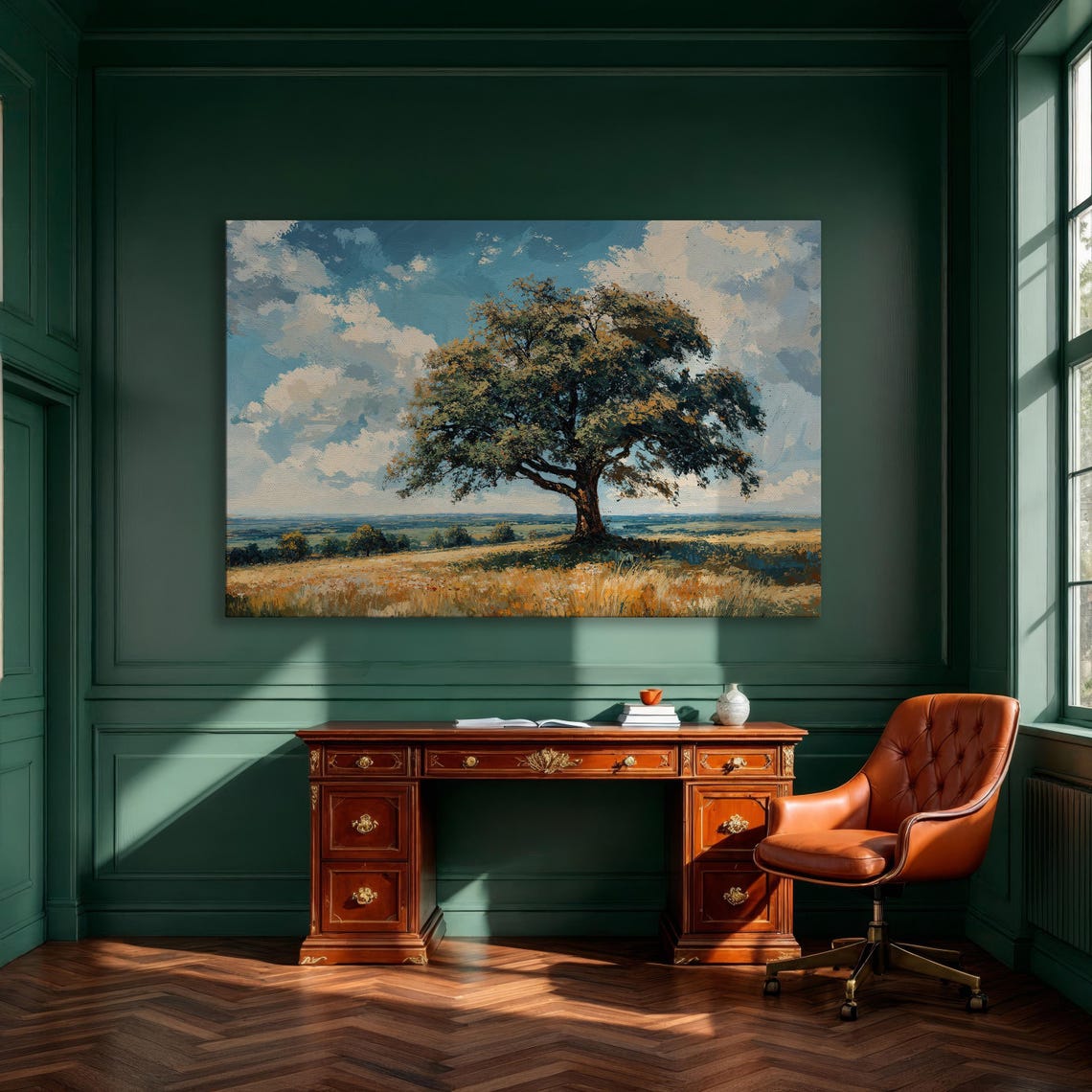 Green Oak In Golden Meadow Under Blue Sky Oil Painting Print