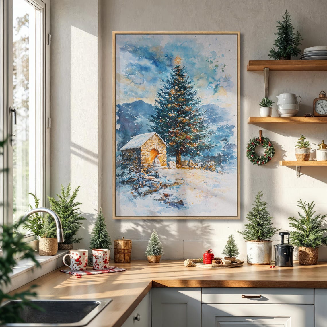 Christmas Tree And Stone Hut Snowy Watercolor Holiday Poster