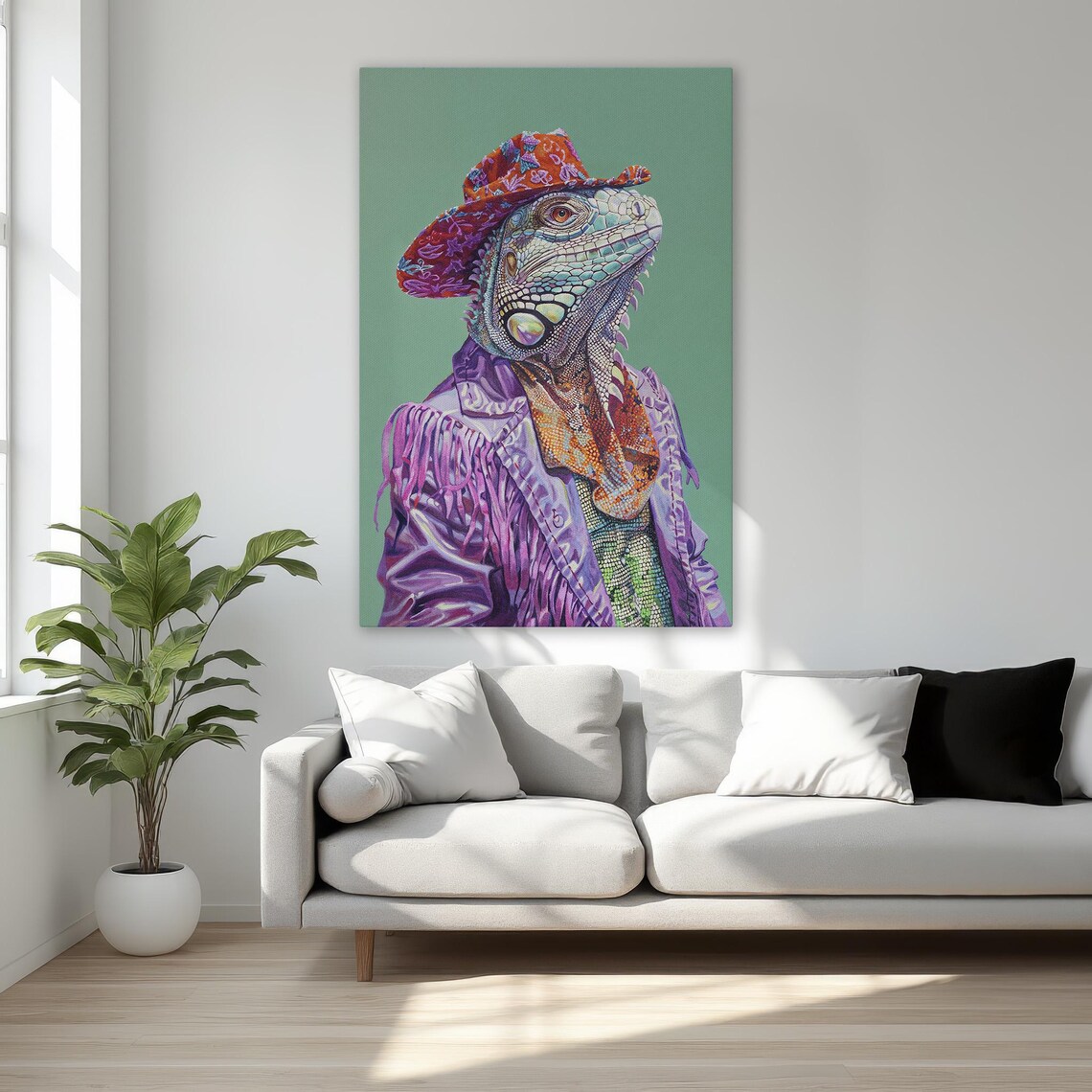 Iguana Cowboy Fringe Jacket Colorful Lizard Portrait Wall Art