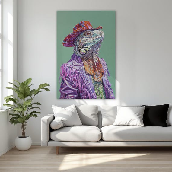 Colorful Iguana Cowboy Framed Canvas Print Trendy Artwork Stylish Lizard Wall Art Vibrant Reptile Decor Ready To Hang