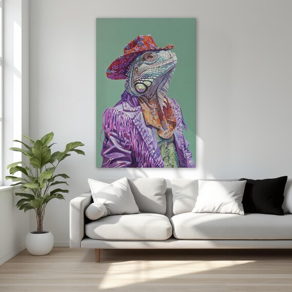 Iguana Cowboy Fringe Jacket Colorful Lizard Portrait Wall Art