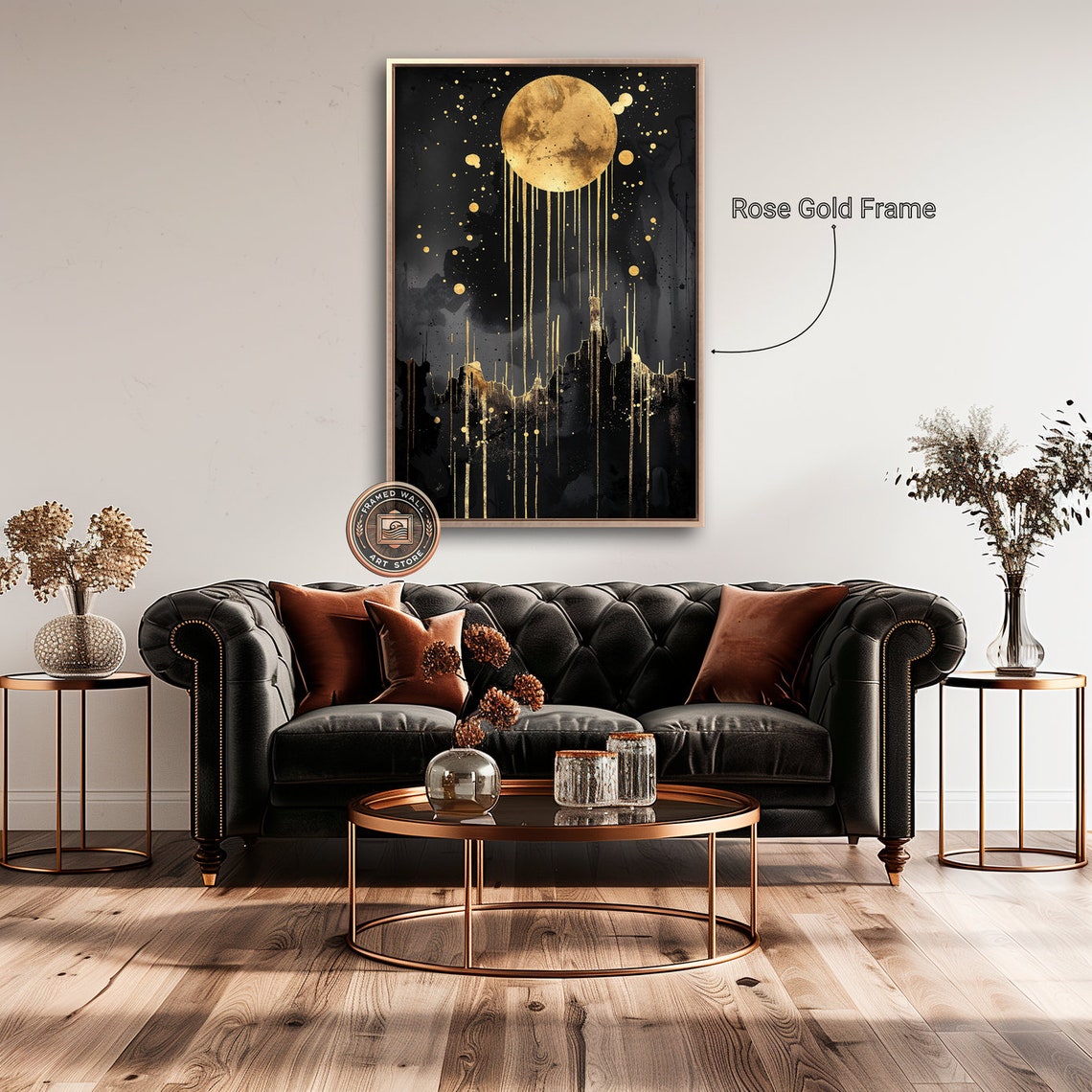 Abstract Gold Moon Framed Print Black Night Sky Wall Art Modern Celestial Painting Print Mystical Decor Gift Ready To Hang - Image 2
