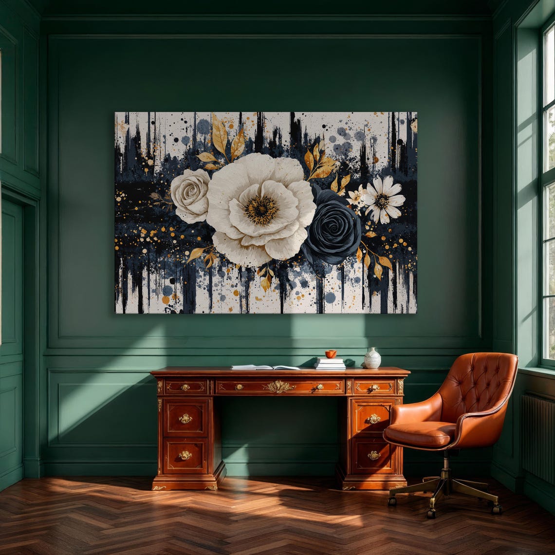 Black White Floral with Gold Accents Abstract Botanical Art Print