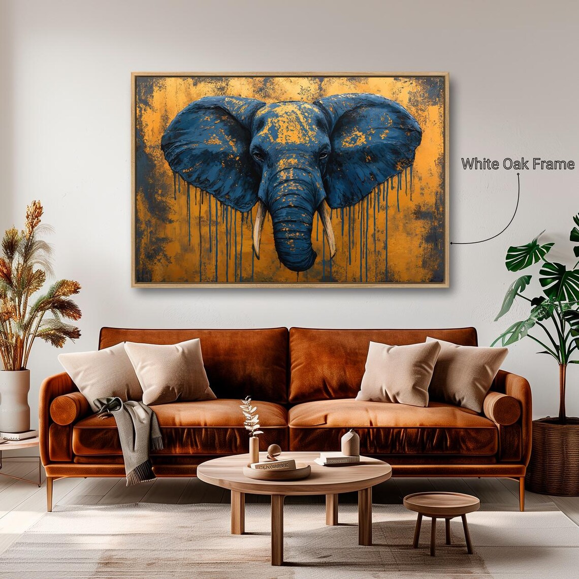 Blue And Gold Elephant Portrait Abstract Wildlife Artistic Wall Art Print - Image 2