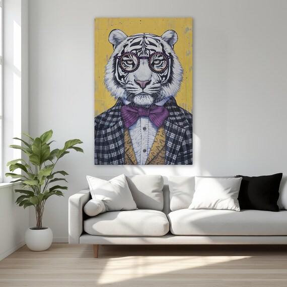 Elegant Anthropomorphic Tiger Framed Canvas Print Modern Animal Portrait Art Stylish Trendy Home Decor Ready To Hang