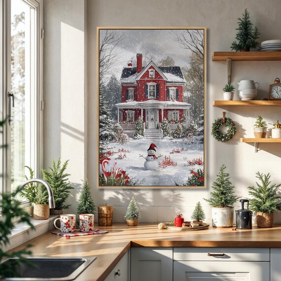 Red Farmhouse In Snow With Snowman Christmas Scene Holiday Poster
