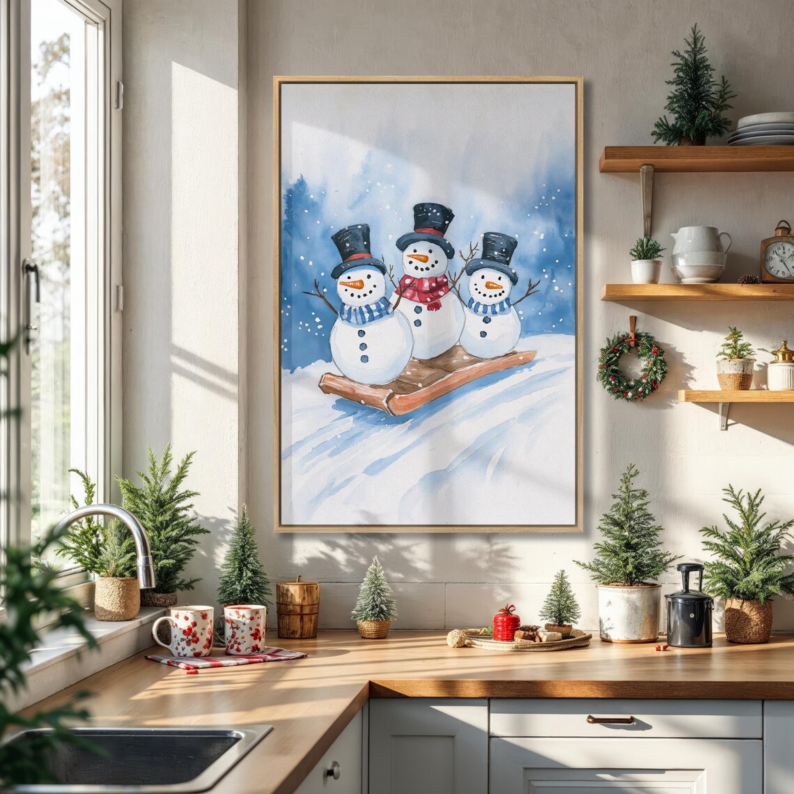 Three Snowmen With Top Hats Riding Sled Snowy Watercolor Winter Holiday Poster