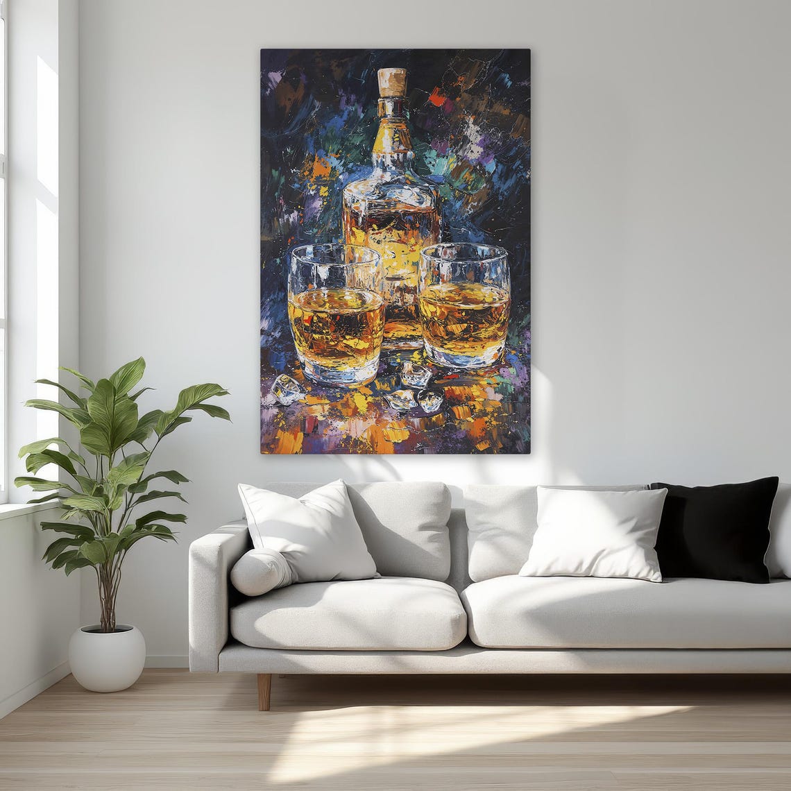 Whiskey Bottle And Two Glasses Vibrant Impasto Still Life Poster