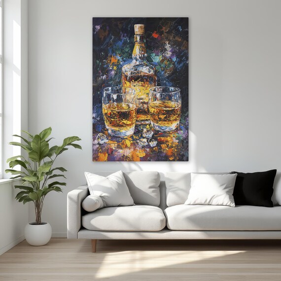 Whiskey Bottle And Two Glasses Vibrant Impasto Still Life Poster