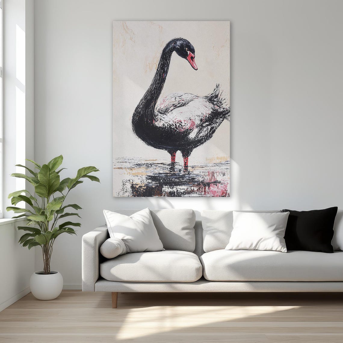 Graceful Black Swan With Crimson Beak Painterly Canvas Wall Art