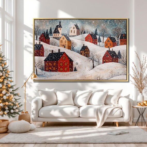 Winter Village In Snowfall Red Cottages Snowy Hills Xmas Poster