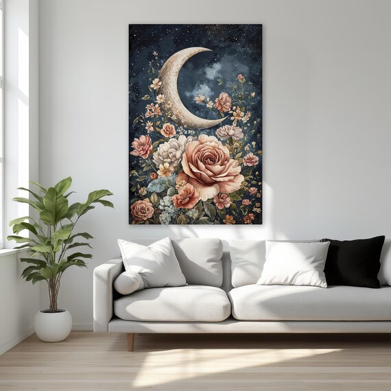Crescent Moon And Roses Framed Canvas Print Starry Night Sky Wall Art Cosmos Floral Beauty Celestial Decor Ready To Hang