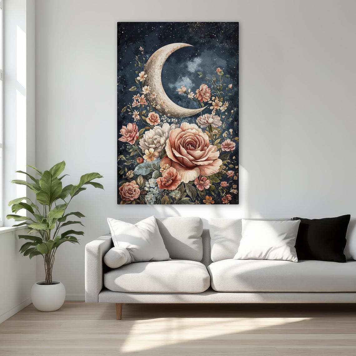 Glowing Crescent Moon Over Roses Starry Night Floral Art Poster