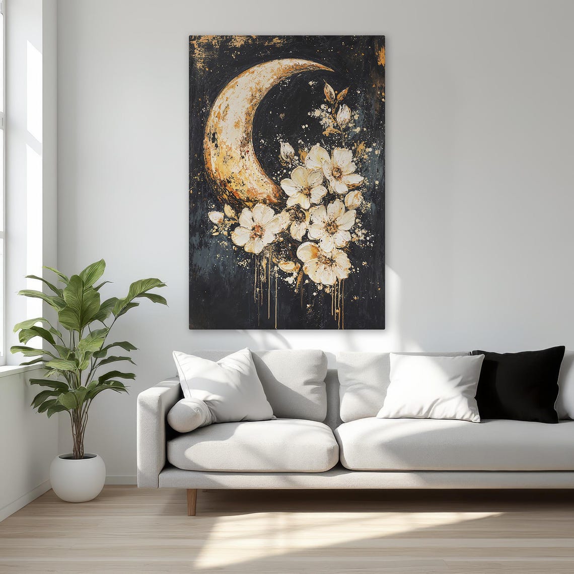 Crescent Moon White Blossoms Mystical Celestial Night Poster