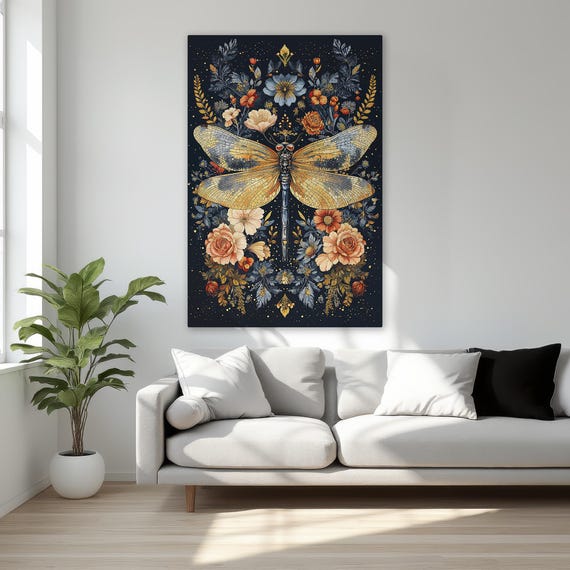Wonderful Dragonfly With Flowers Framed Canvas Print Botanical Wall Art Decor For Bedroom Mom Ready To Hang