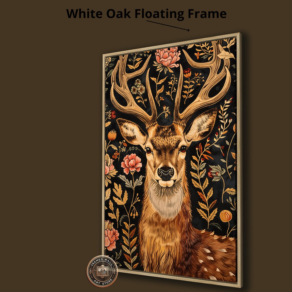 Stag With Grand Antlers Gold Floral Black Background Wildlife Painting Poster - Image 3