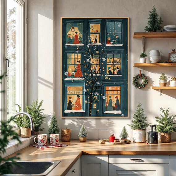 Christmas Eve Townhouse With Glowing Windows Holiday Art Poster