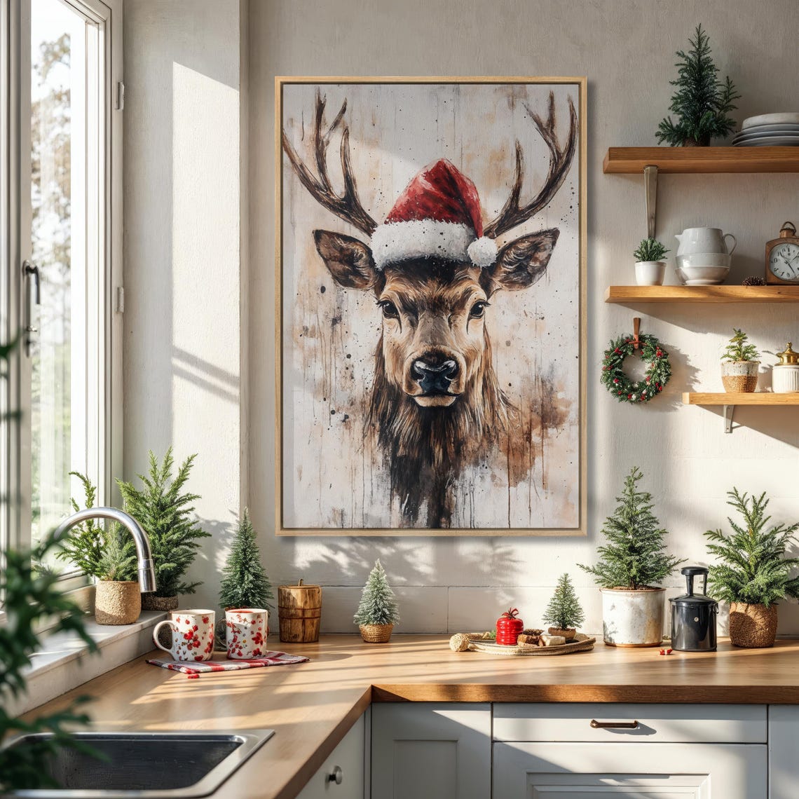 Festive Stag Wearing A Santa Hat Rustic Christmas Portrait Poster