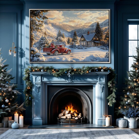 Red Vintage Truck With Christmas Gifts Snowy Mountain Cabin Poster