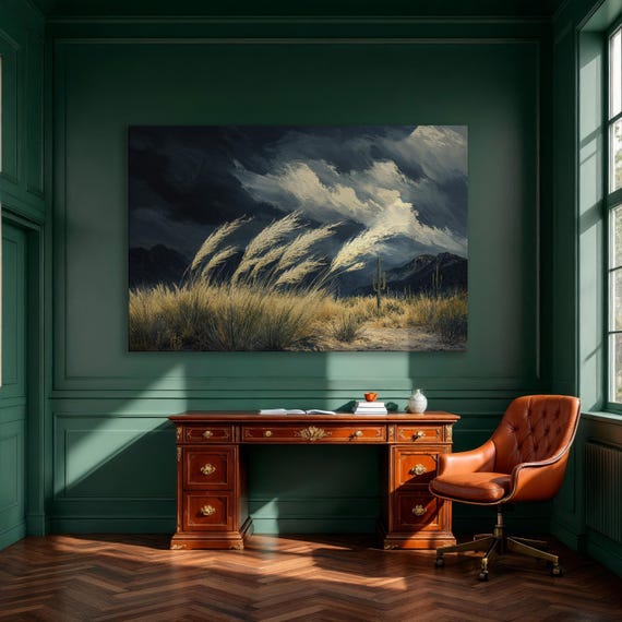 Stormy Sky And Mountain Landscape Framed Canvas Print Cacti In The Desert Wall Art Wilderness Decor For Home Ready To Hang