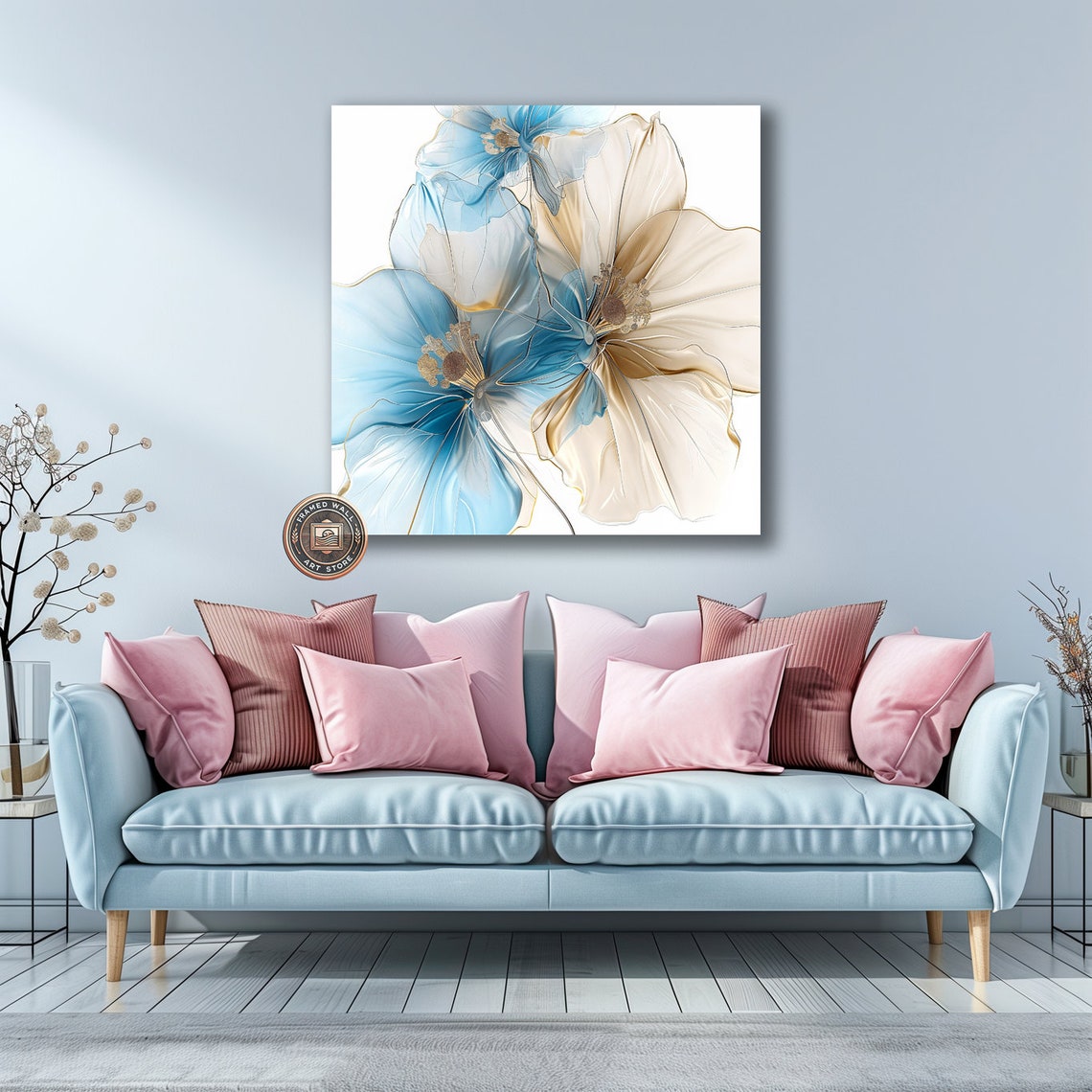 Abstract Blue Beige Blooms Translucent Petals Modern Floral Art Poster - Image 5