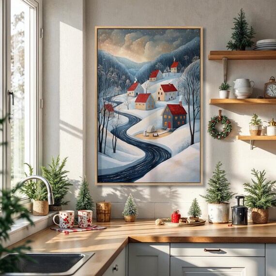 Winter Mountain Village Snowy River Landscape Christmas Poster
