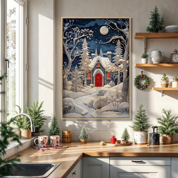Snowy Night Cottage With Red Door Moonlit Winter Scene Poster