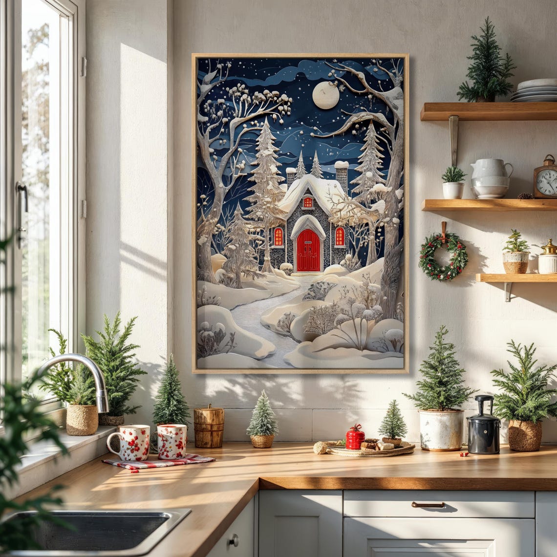 Snowy Night Cottage With Red Door Moonlit Winter Scene Poster