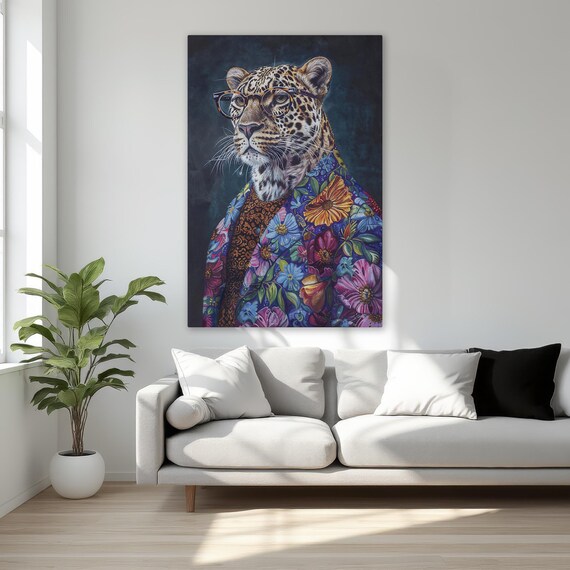 Leopard In Floral Suit Art Fashion Framed Canvas Print Exotic Animal Wall Stylish Decor Best Ready To Hang