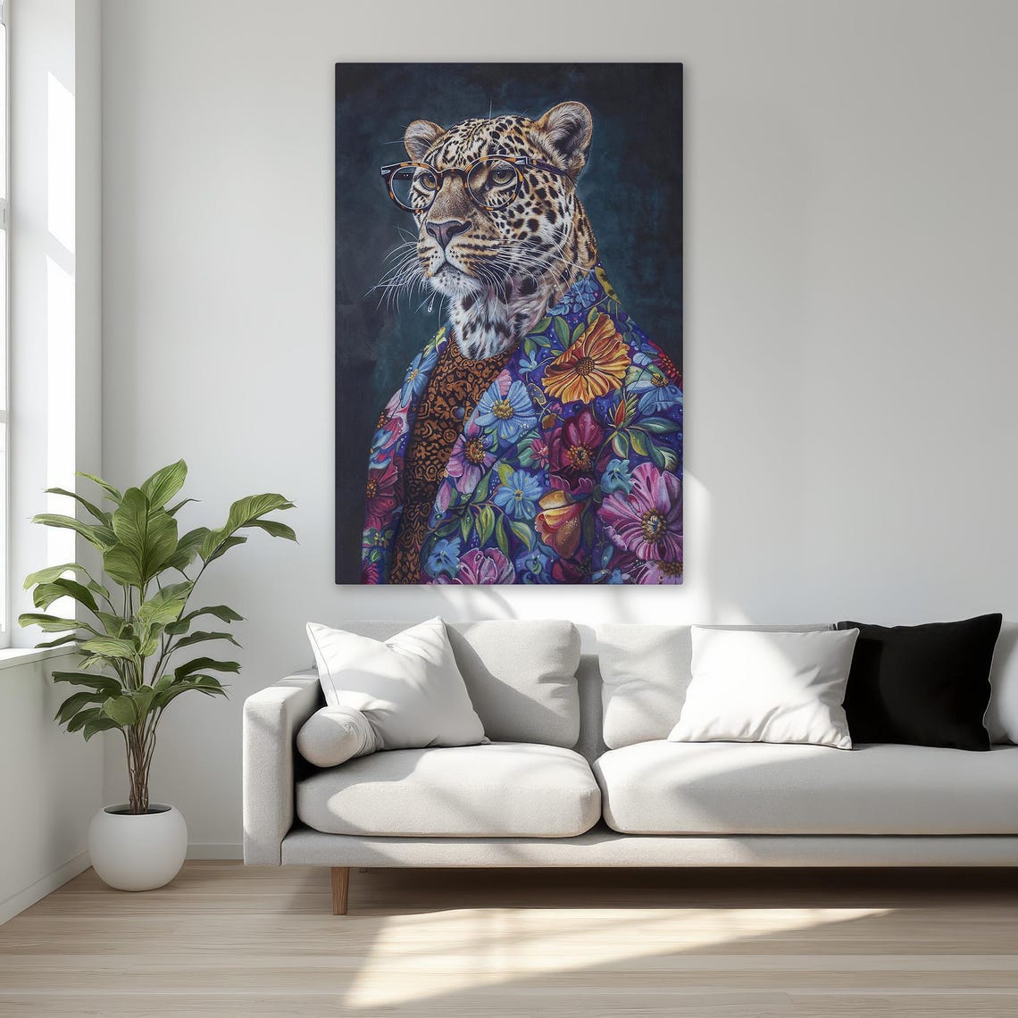Leopard In Glasses Floral Suit Dark Background Animal Art Poster
