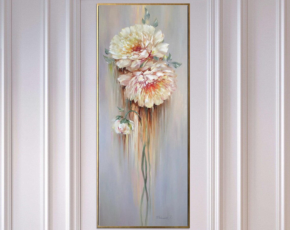 Cream Peonies Tall Narrow Floral Abstract Gold Framed Wall Art Print