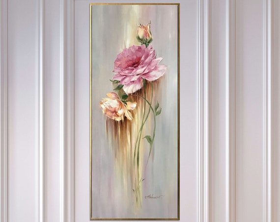 Rose Oil Painting Art Print, Tall Narrow Decor