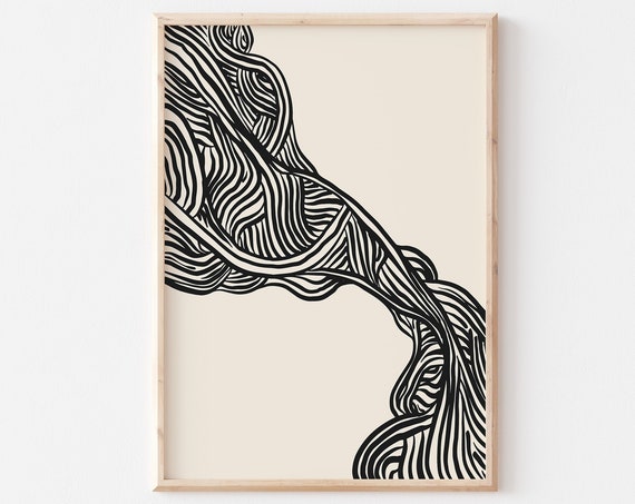 Abstract Wall Art Line Poster Wavy Lines Minimalist Print Ink Drawing Beige And Black Unframed