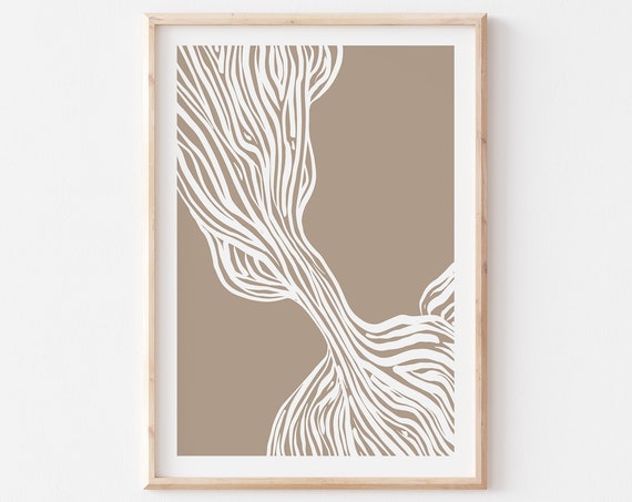 Abstract Art Print Line Poster Wavy Lines Minimalist Ink Drawing White And Beige Unframed