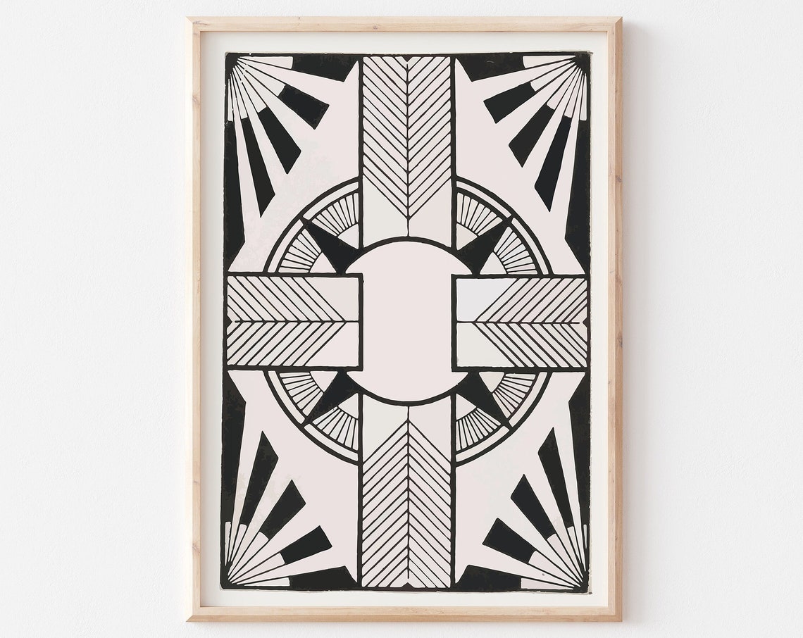 Art Deco Black And White Sunburst Geometric Cross Monogram Poster