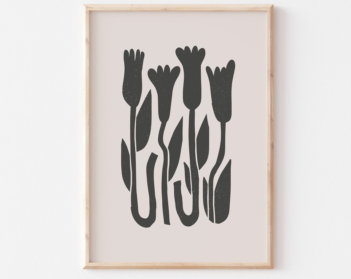 Abstract Black Tulips Silhouette Beige Botanical Minimalist Poster