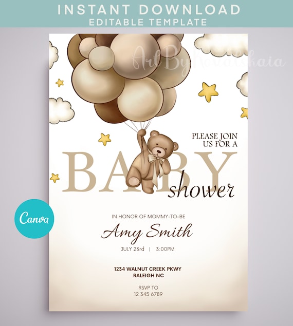 Teddy Bear Baby Shower Invitation Beige Balloons Canva Editable Template Print