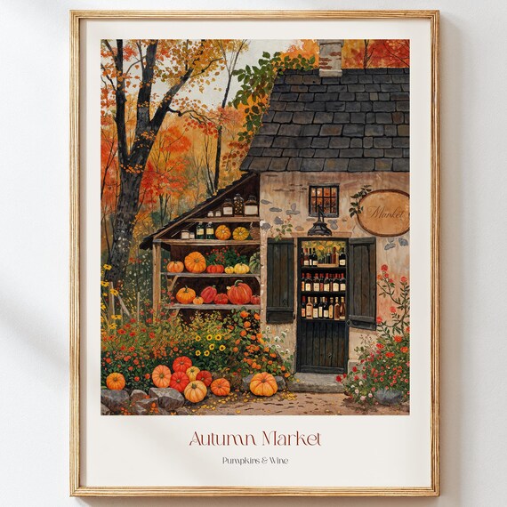 Autumn Market Art Print Pumpkin And Wine Shop Wall Cozy Fall Kitchen Decor Rustic Country Poster
