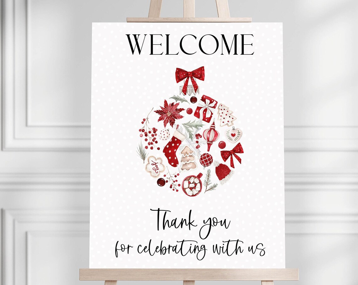 Christmas Welcome Sign Red Ornament Thank You Party Celebration Poster
